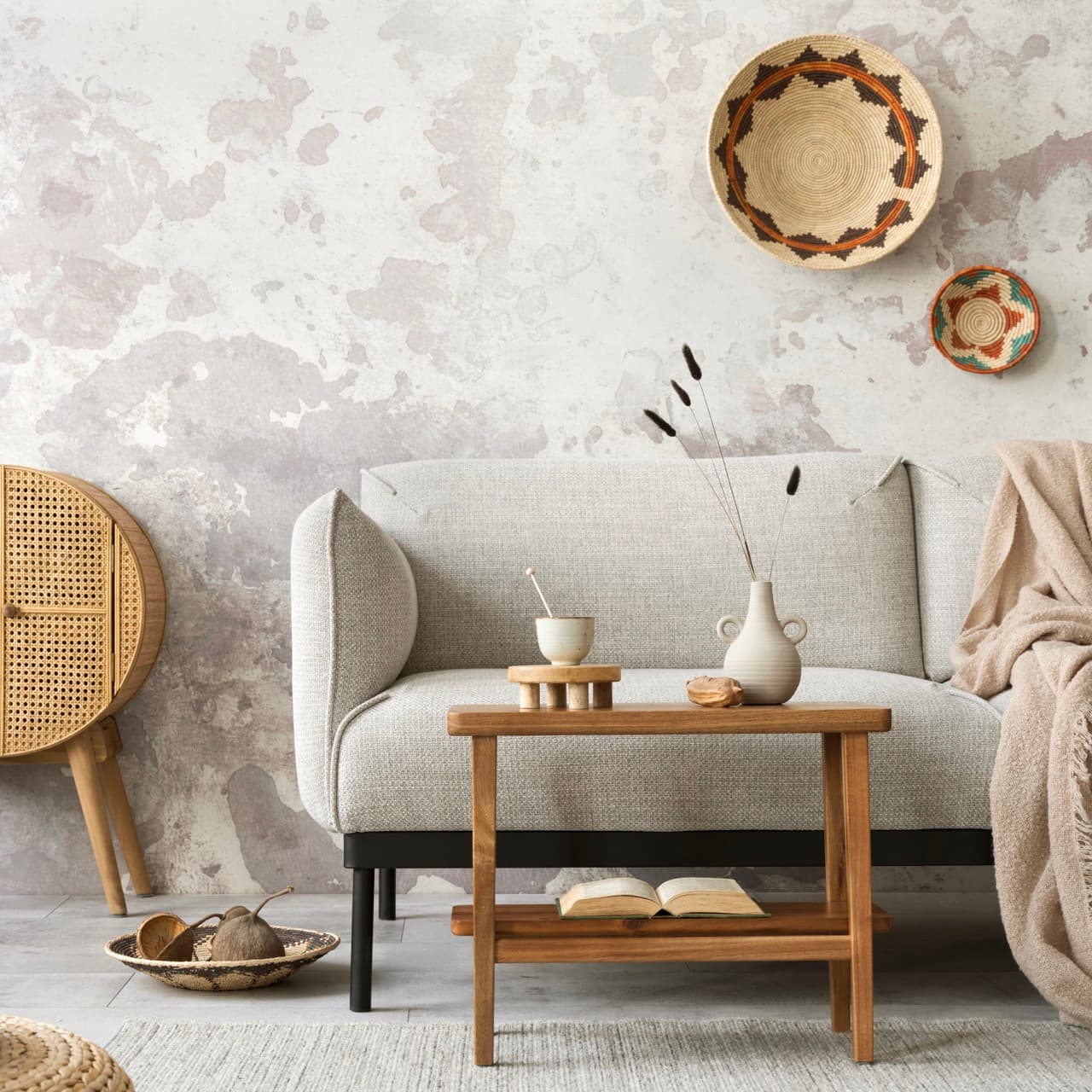 Creative composition of ethnic living room interior with grey sofa, colorful wicker, rattan sideboard, vase with dried flowers, wooden coffee table and personal accessories. Home decor. Template. 