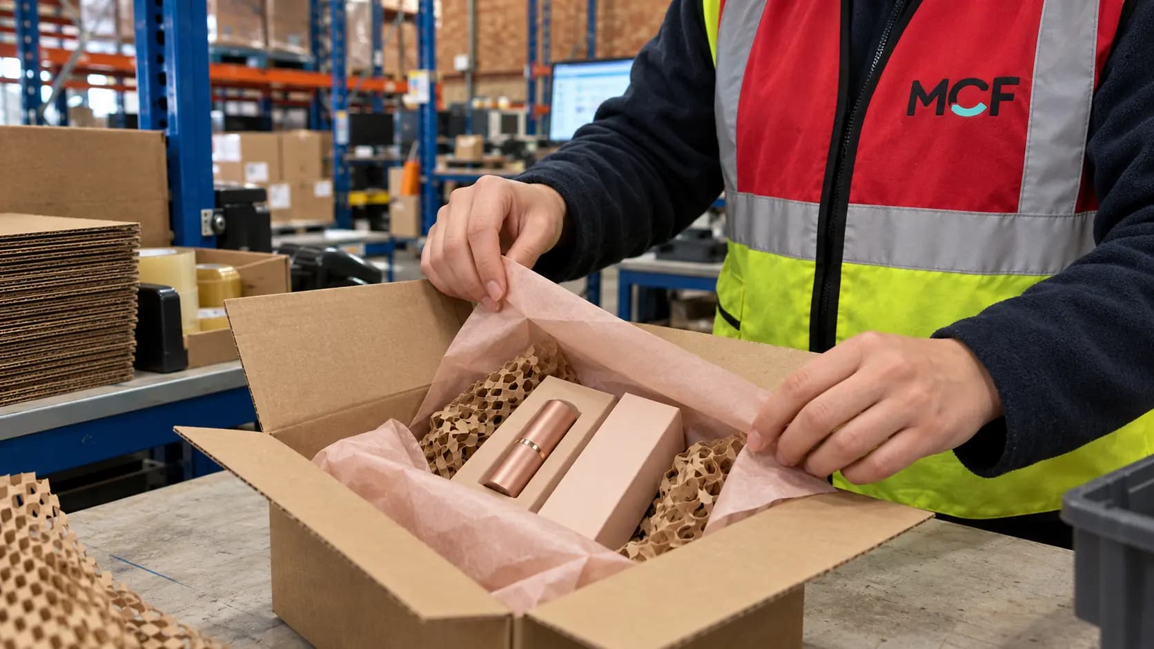Beauty and cosmetics products being packed at a UK fulfilment centre.