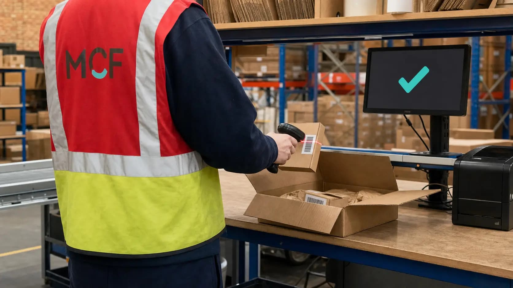 MCF warehouse operative scans a boxed product beside an open parcel and digital accuracy check.